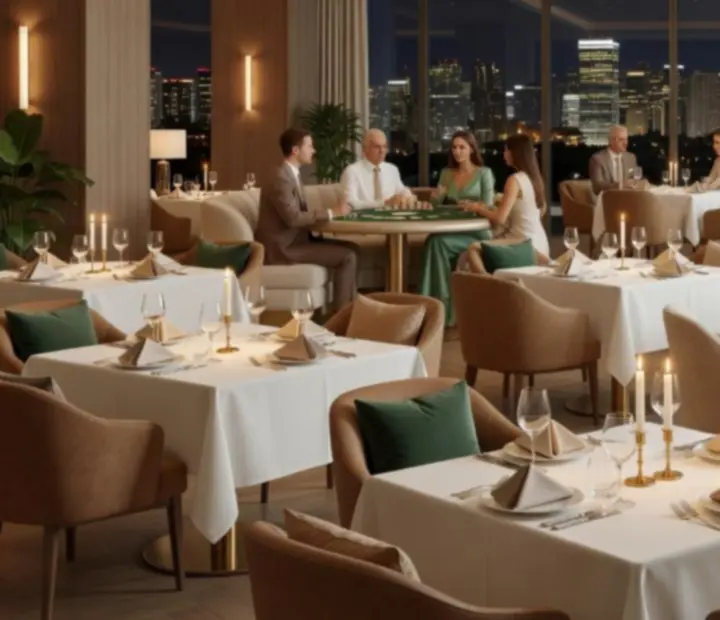 Cinematic view of a luxury Australian restaurant with poker tables prepared for an exclusive event