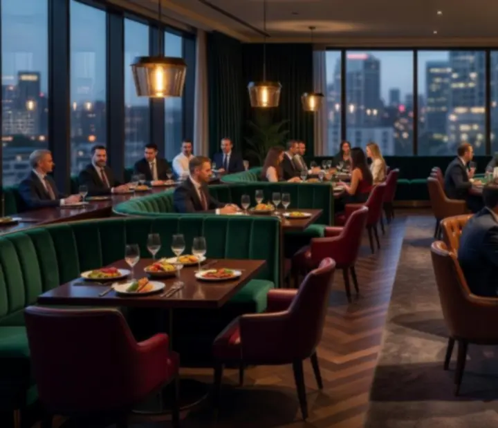 Cinematic view of SuitedUpGrill restaurant and poker lounge in Sydney at night