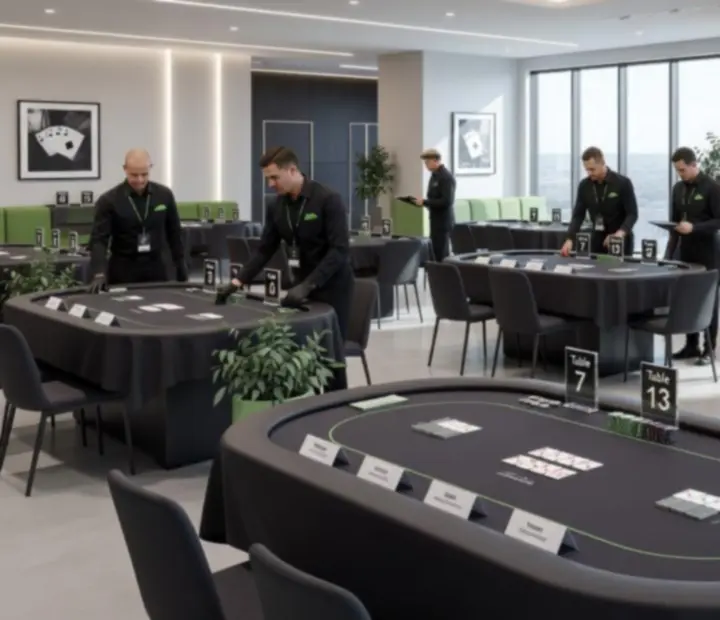 Live tournament calendar at SuitedUpGrill with elegant poker tables and warm lighting