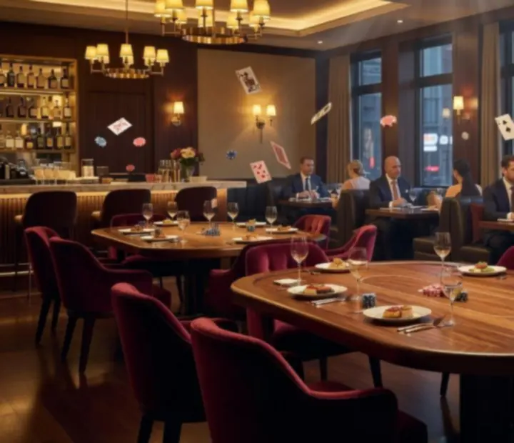 Luxurious poker lounge with walnut tables and ambient lighting at SuitedUpGrill.