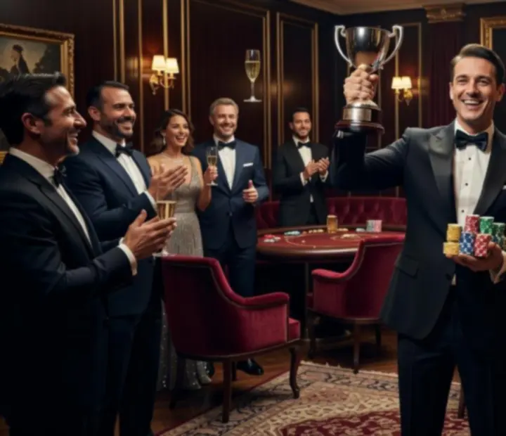 Poker tournament winner celebrating with chips in the SuitedUpGrill lounge