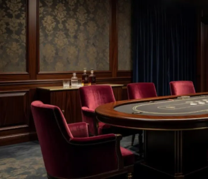 Luxurious private dining and poker room with intimate lighting and VIP seating.