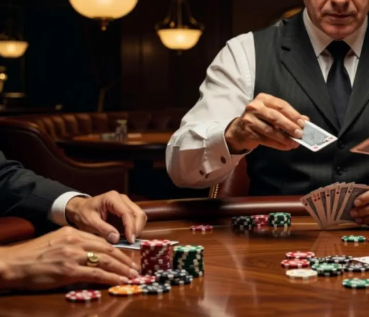 Professional dealer running a live poker game at SuitedUpGrill with polished table setup