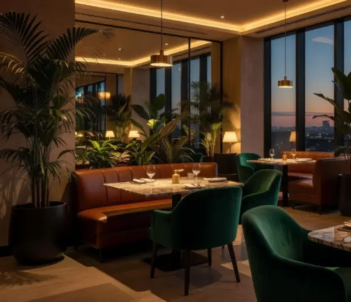 Cinematic Australian restaurant ambiance with marble tables and lush greenery