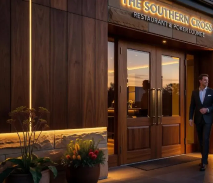 SuitedUpGrill venue entry in the evening with warm lighting and a welcoming facade.