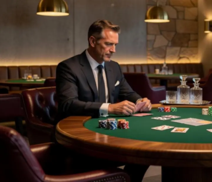 VIP poker table with cards and chips in an elegant lounge
